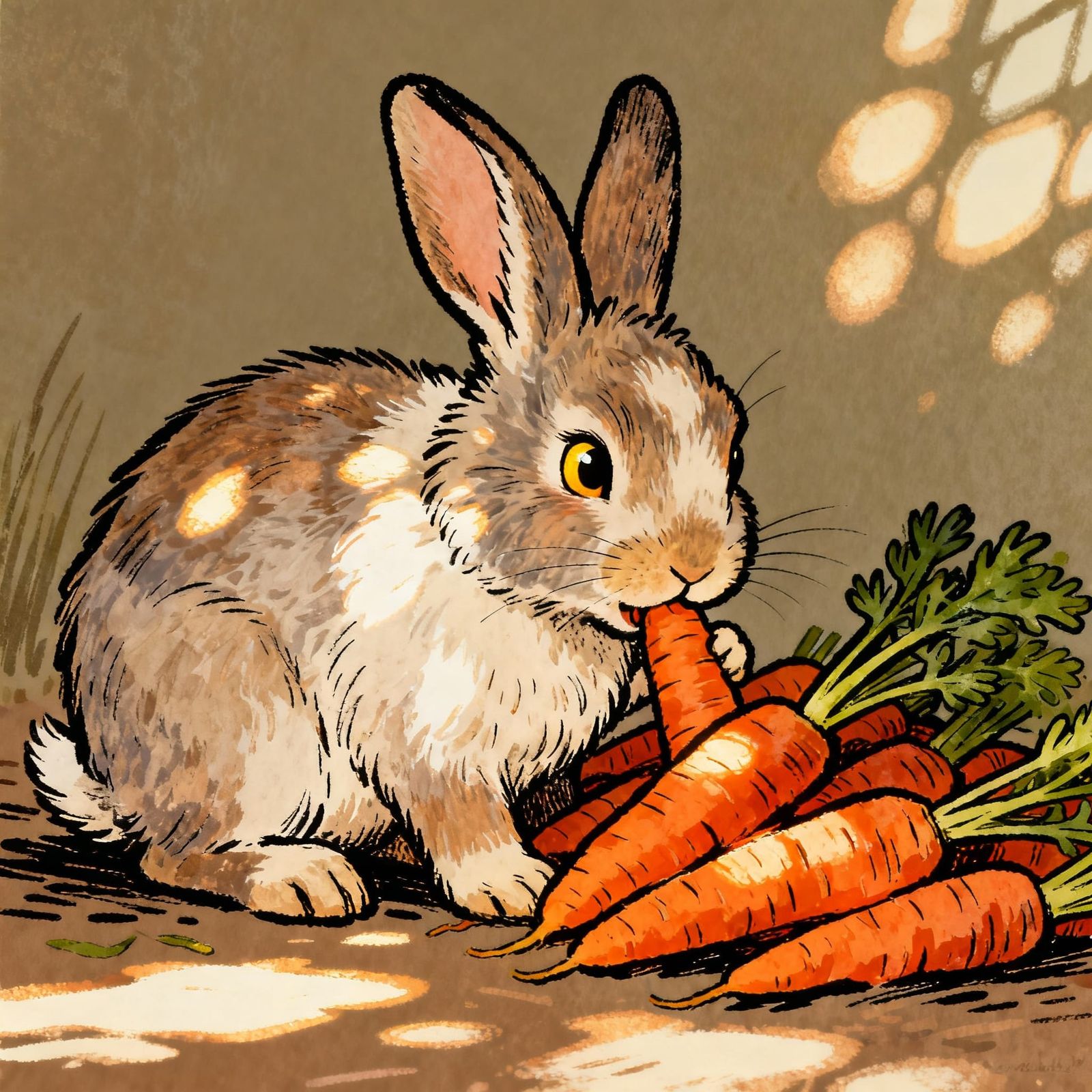 Fluffy Rabbit Eats Carrots in Folk Art Style