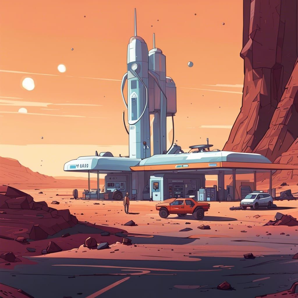 Gas Station on Mars in Retro Sci-Fi Style