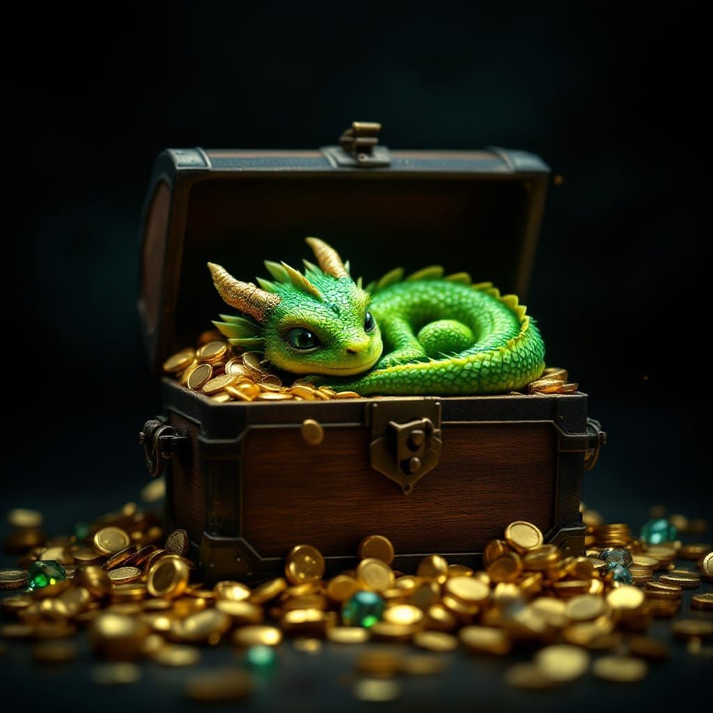 Baby Green Dragon Curled in Treasure Chest