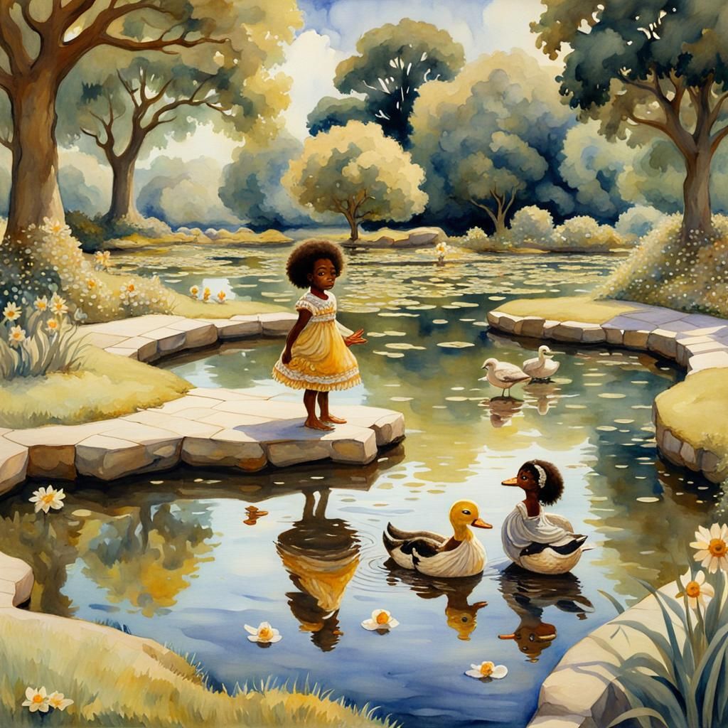 CHIBI YOUNGSTERS HAVING FUN  AT THE PARK WITH A DUCK POND