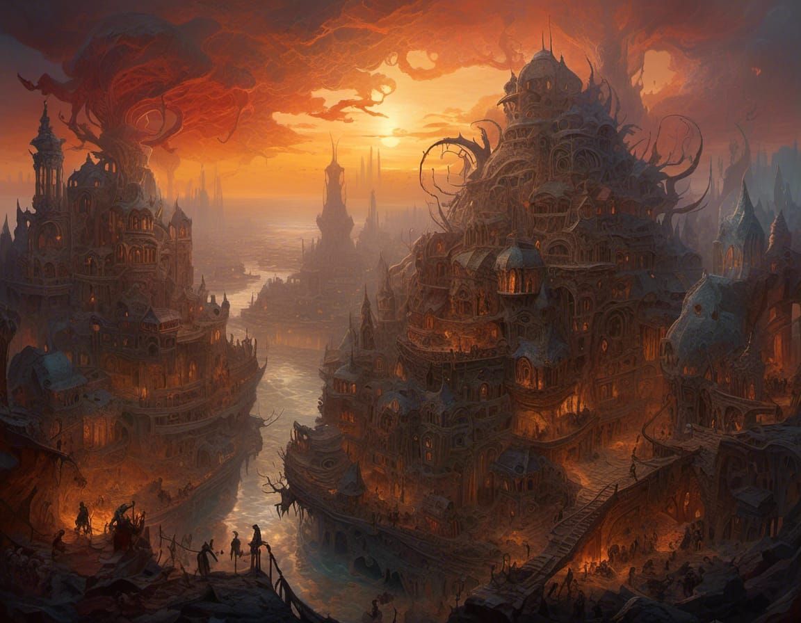 Otherworldly City Skyline at Sunset in The Witcher Style