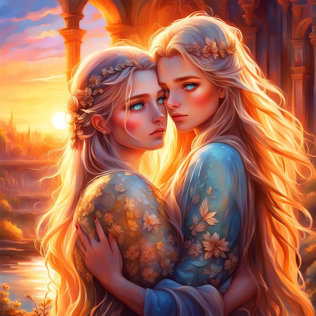 Girls Embrace at Sunset: Whimsical Fantasy Art