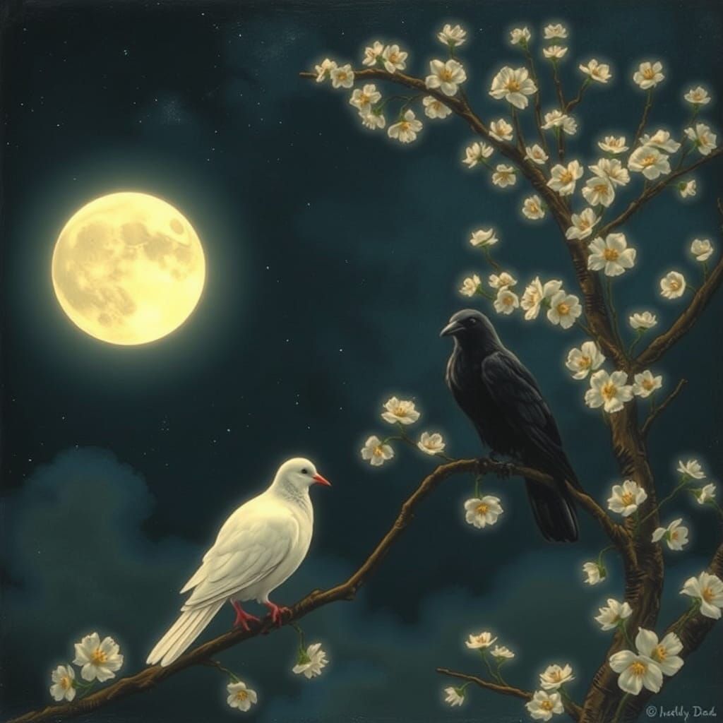 Dove and Crow by Blossom Tree in Moonlight