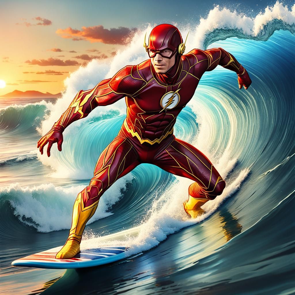 The Flash Surfing on a Wave at Sunset