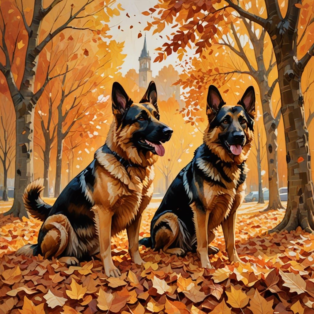 German Shepherd and Boy in Autumn Leaves as Impressionist Pa...