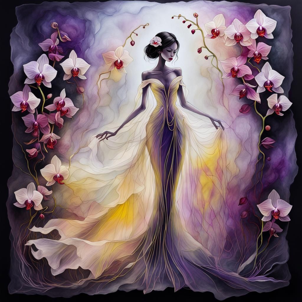 Ethereal Orchid Bride: Rice Paper Cutout Art