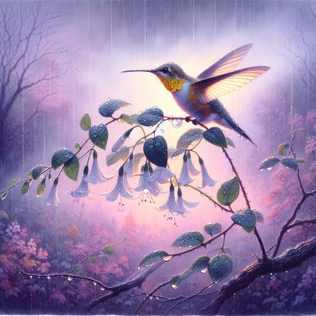 Hummingbird in Rainy Autumn Meadow, Watercolor Painting