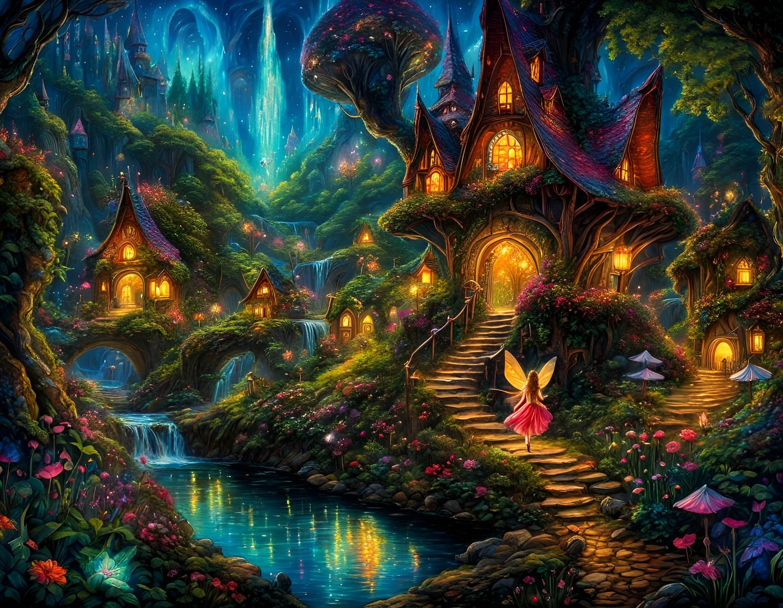 Enchanted Fairy Village in Pen and Ink Style