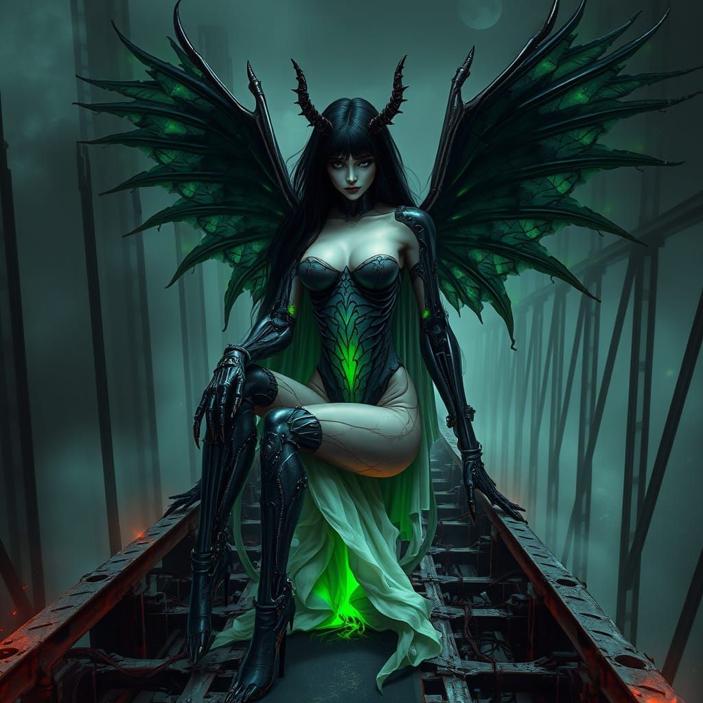 Cyborg Vampire Queen Reigns in Gothic Industrial Landscape