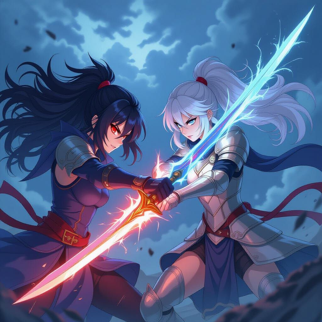 Anime Rivalry: Energy Sword Clash Under Stormy Skies