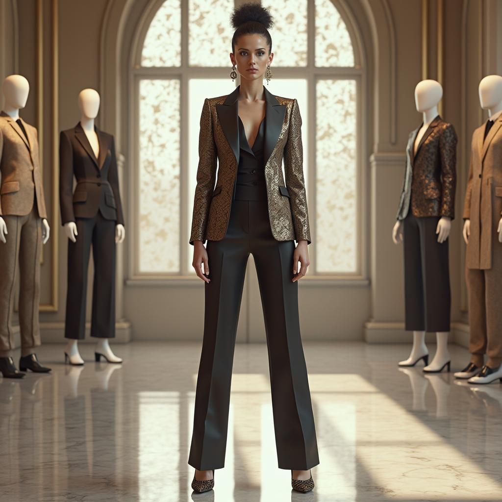 Chic Model Showcases High Fashion in Showroom