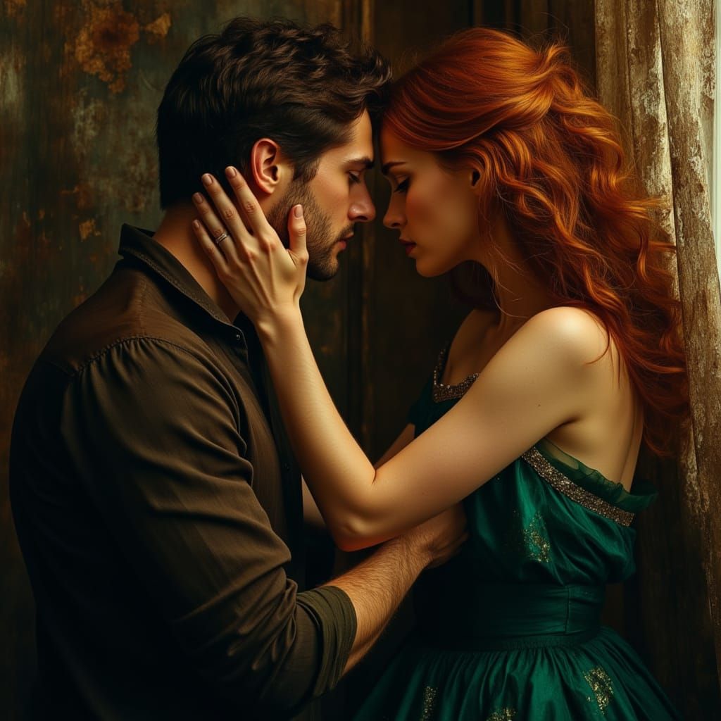 Romantic Oil Painting of Couple's Intense Gaze