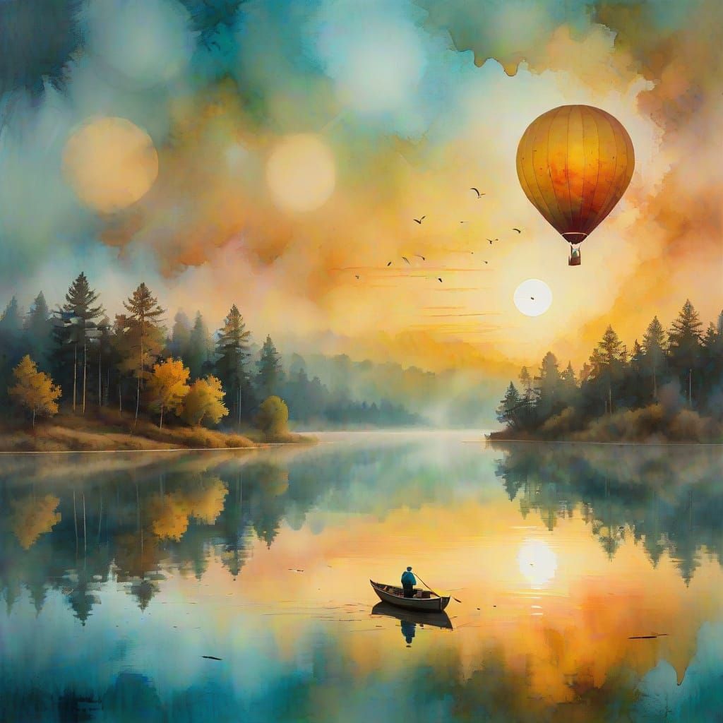 Impressionist Hot Air Balloon Over Tranquil Lake