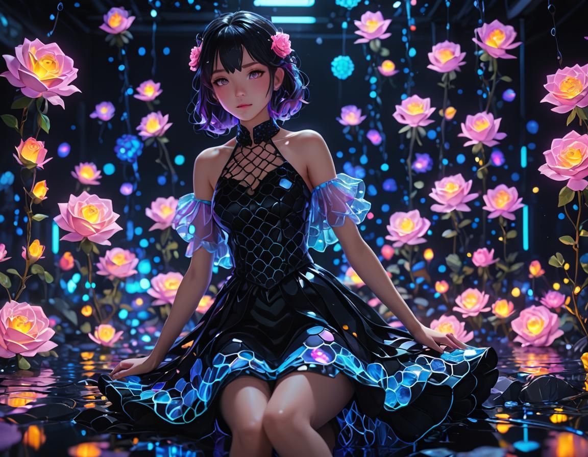 Holographic Honeycomb Dress in Neon Anime Art