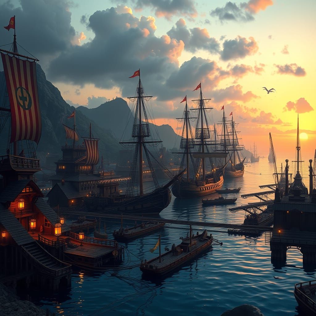 Coastal Imperial Port Cityscape at Twilight