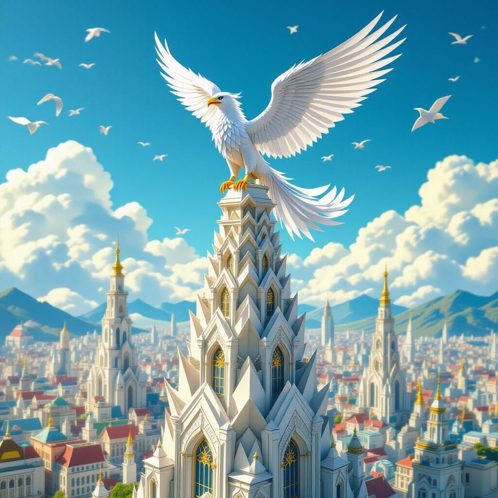 Griffin Over Origami City in Hyperrealistic Papercraft Style