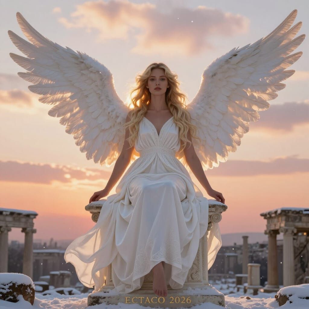 Ethereal Angelic Woman in Snowy Roman Ruins