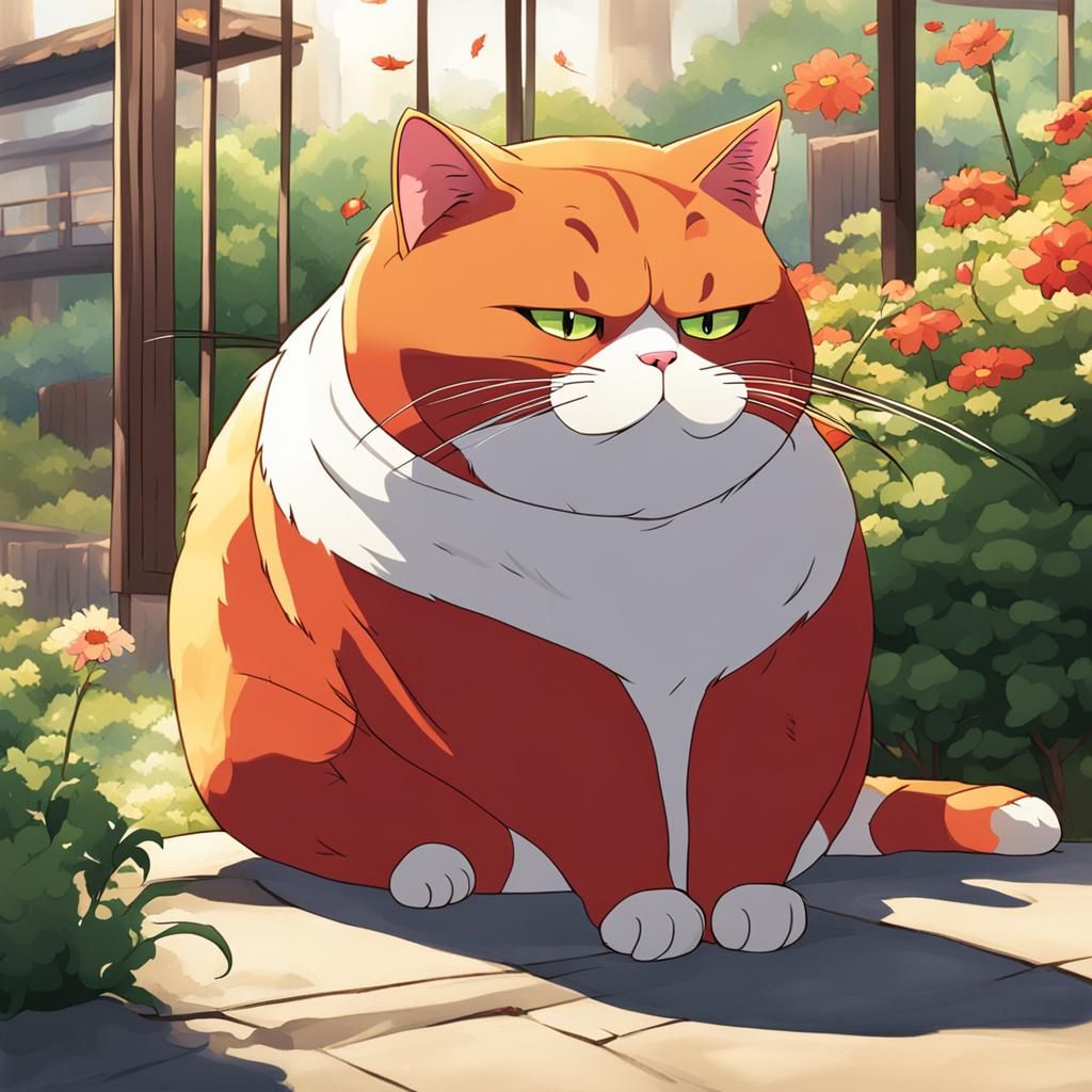 Red Cat Waiting: Anime Style Illustration