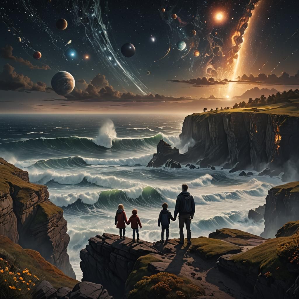 Parents and Children on a Cliff with Celestial Wonders