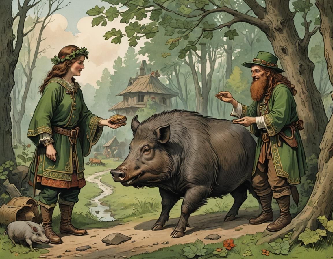 Bivoj Presents Boar to Leprechaun: Folk-Tale Illustration