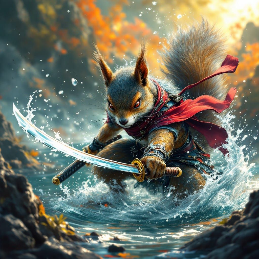 Aquatic Merman Ninja Squirrel with Katana in Splash Art