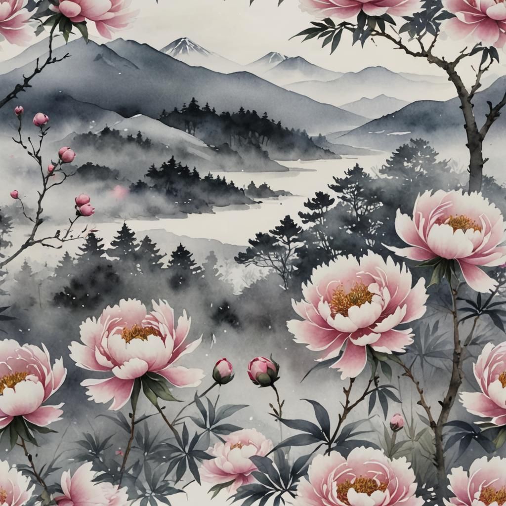 Japanese Watercolour Landscape with Pink Peonies