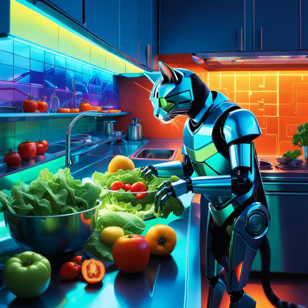 Whimsical Robot Cat Prepares Futuristic Salad