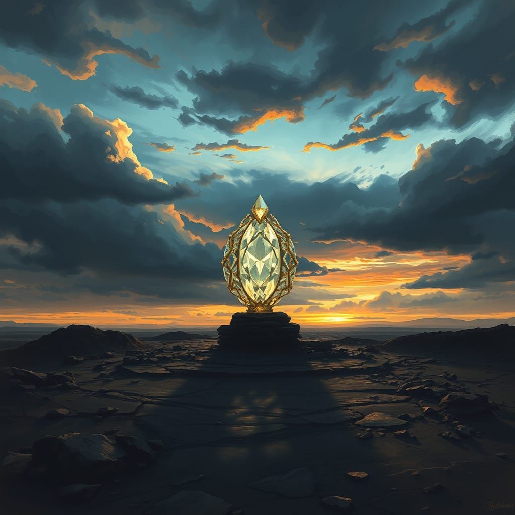 Ornate Gemstone Pulses with Light Under Stormy Sky