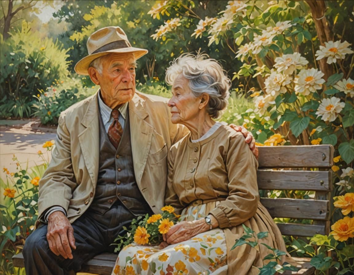 Elderly Couple in Garden, Impressionistic Oil Painting