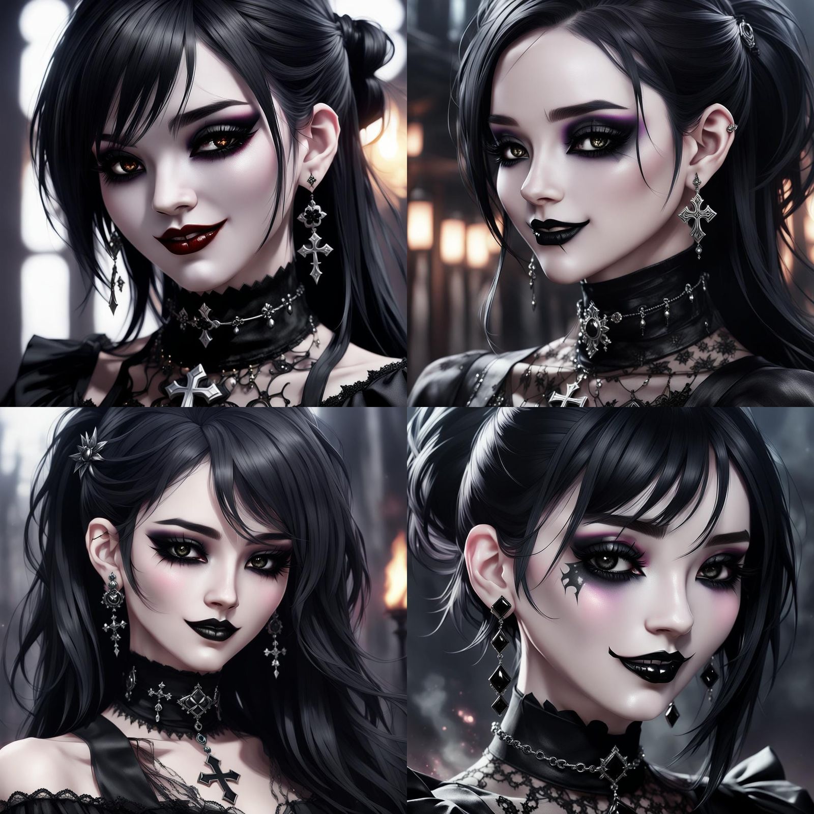 a close up of a shy goth girl with black makeup, a picture, ...