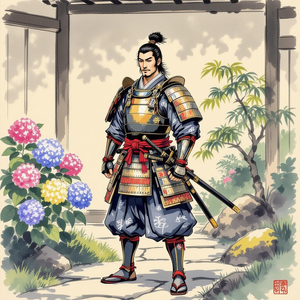 Samurai in Garden with Hydrangea, Inksplash Style