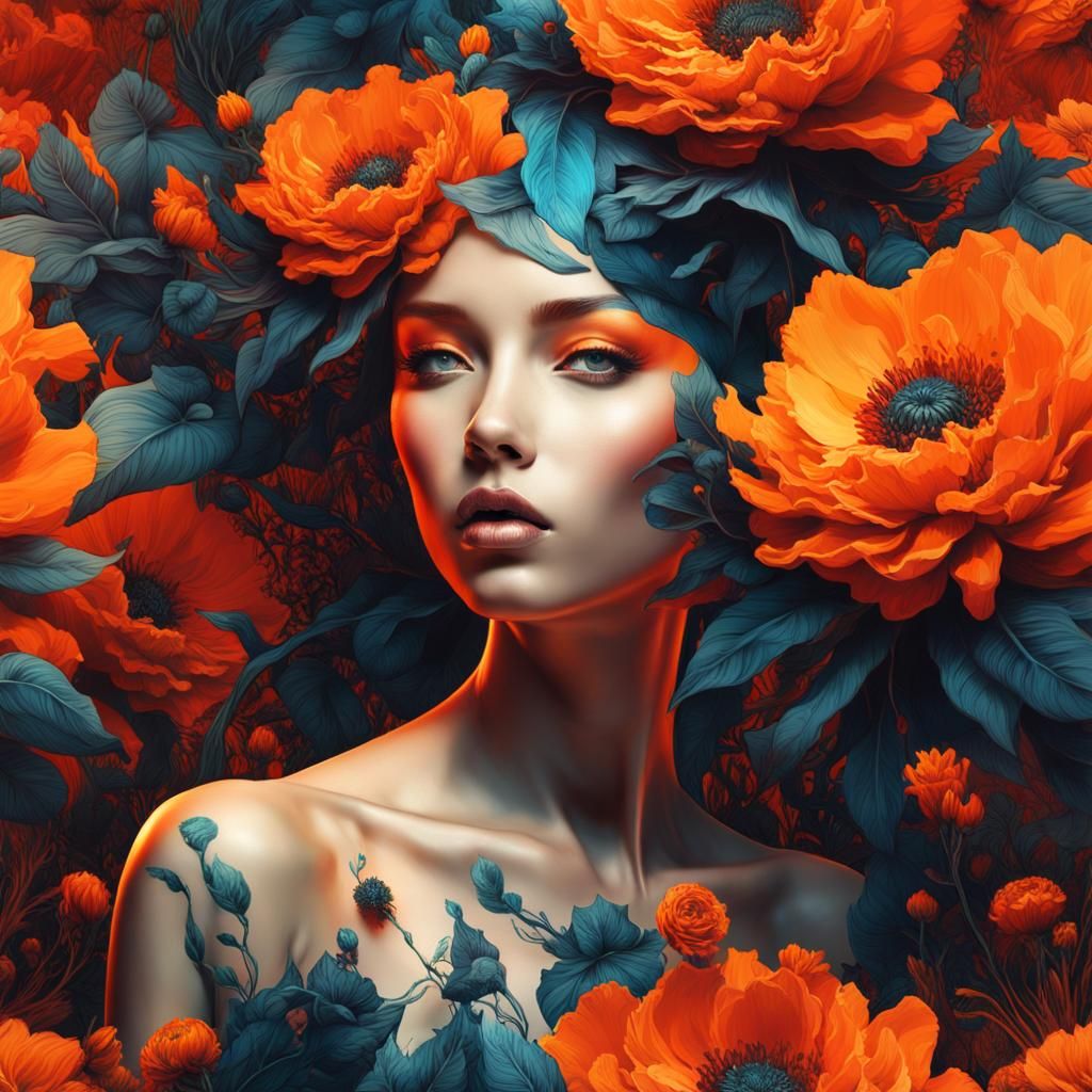 Vivid Orange Flower Garden in Inkblot Art Style