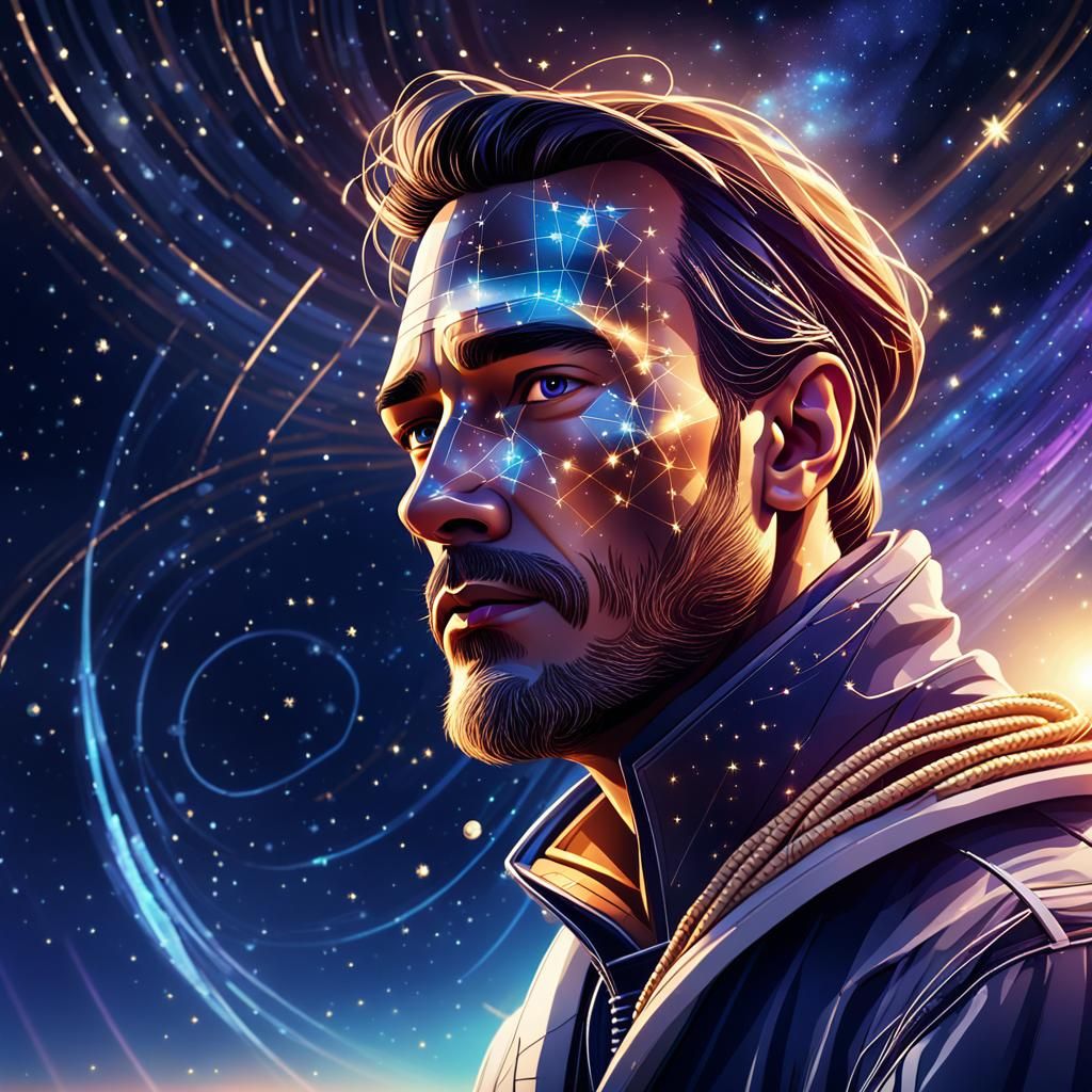 Cosmic Portrait of Yachtsman Sailing in Starry Sky