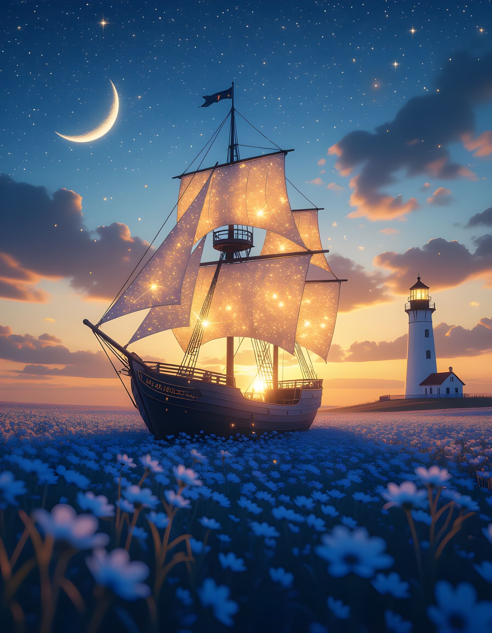 Golden Sailship Glides Through Dreamy Flower Field