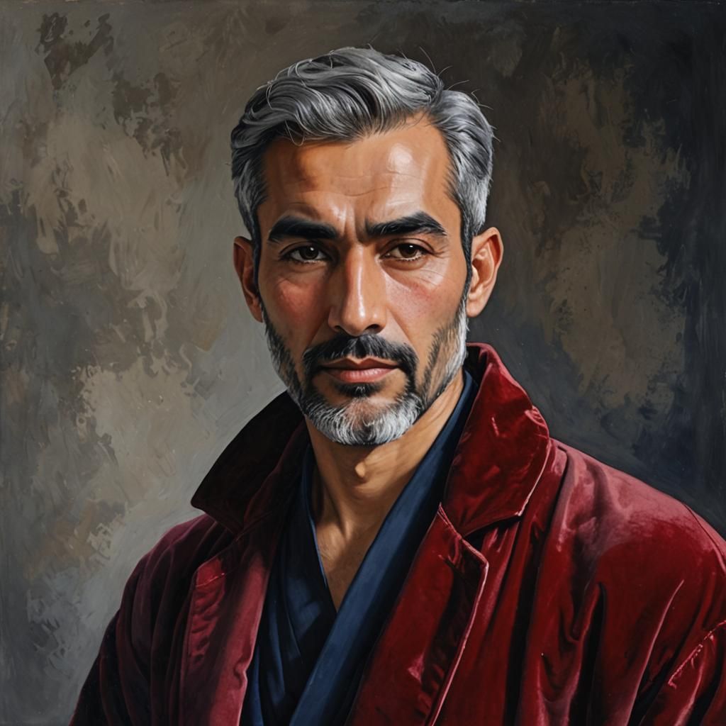 Silver-Haired Man in Red Velvet: Impasto Gouache Portrait