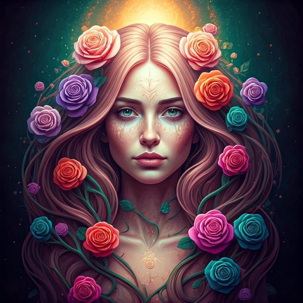 Woman Surrounded by Roses in Neo-Impressionist Style