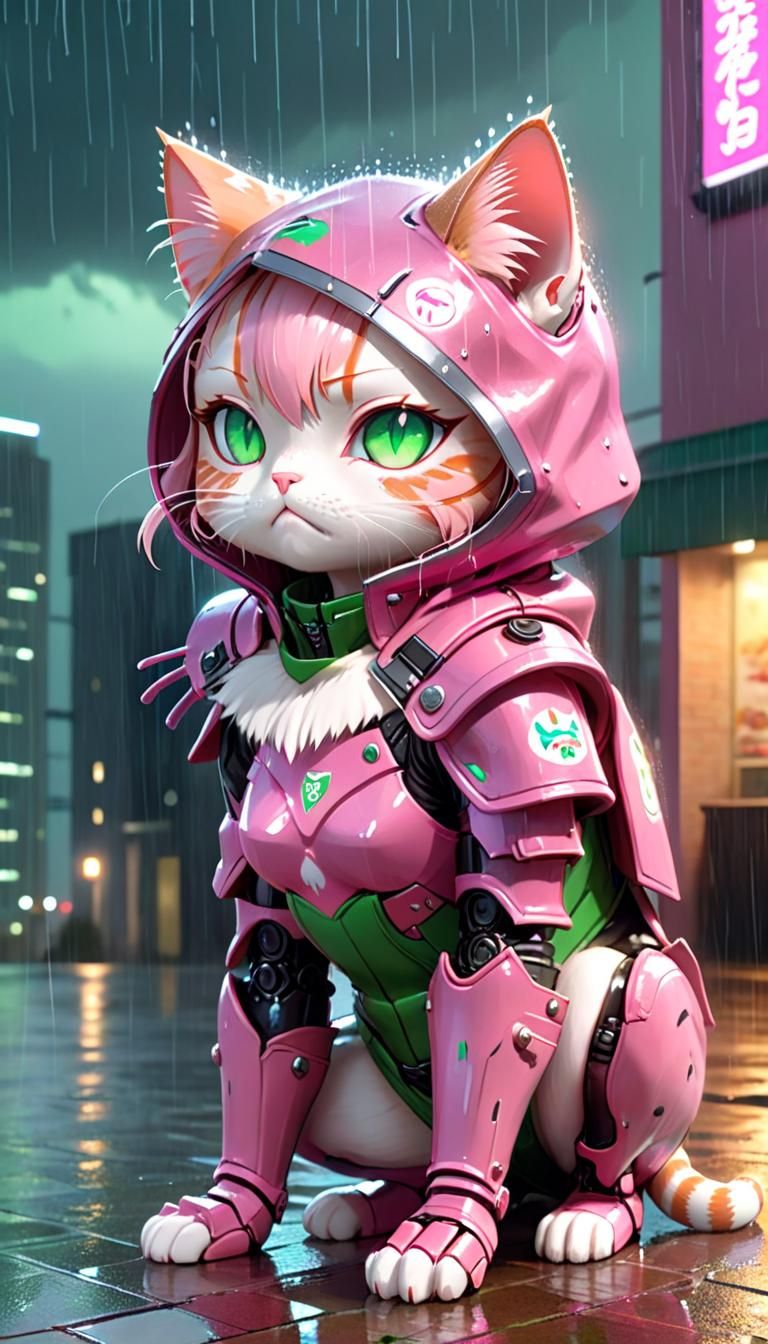 Miniature Polly Ester in Cyberpunk Armor, Anime Style