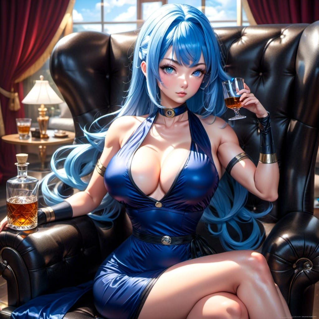 Woman with Blue Hair Drinking Whiskey