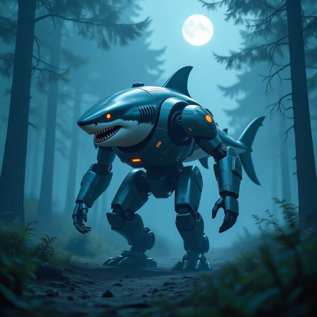 Mechanical Shark in a Moonlit Forest