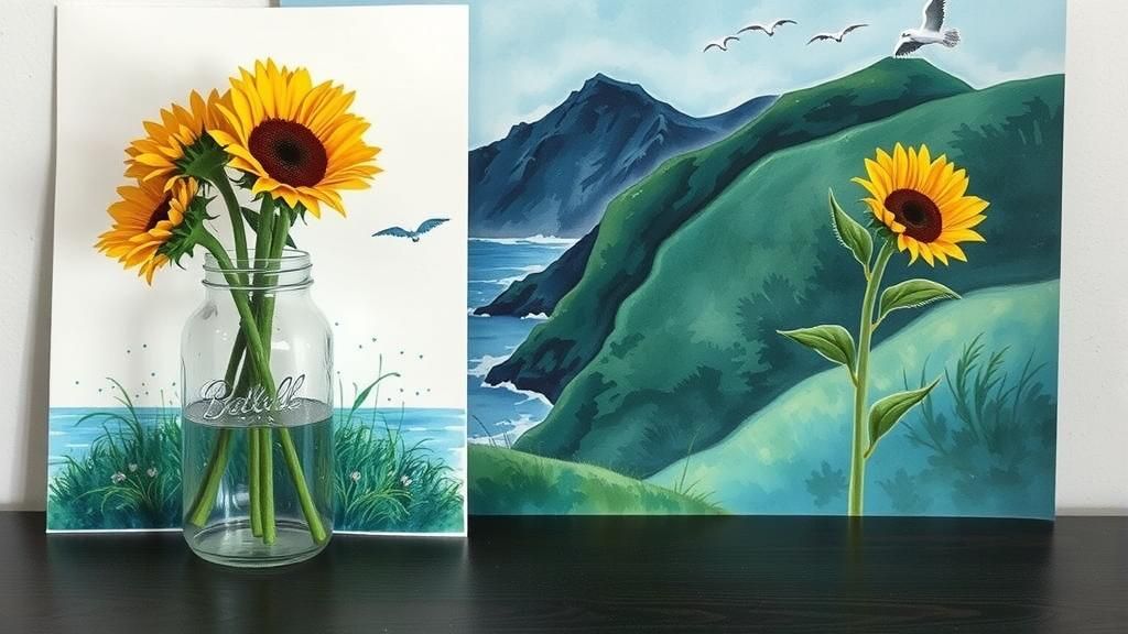 Sunflowers in Mason Jar with Watercolor Landscape