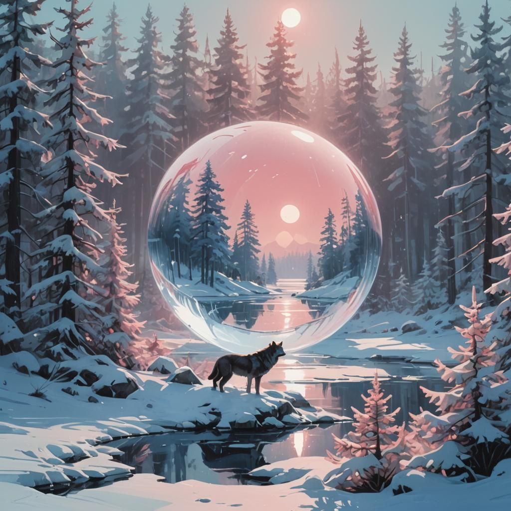 Heart Orb Snow Scene: Whimsical Fantasy Art