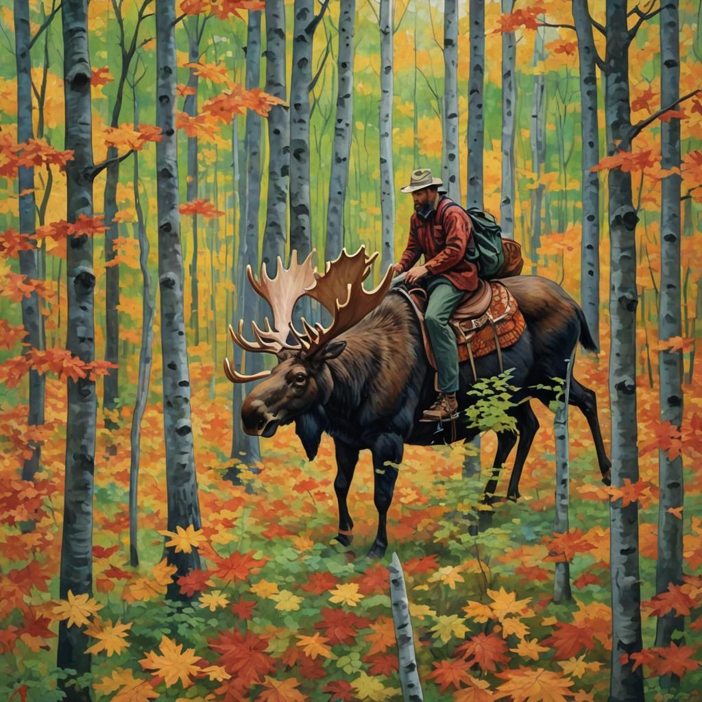 Canadian Man Rides Moose in Impressionist Forest