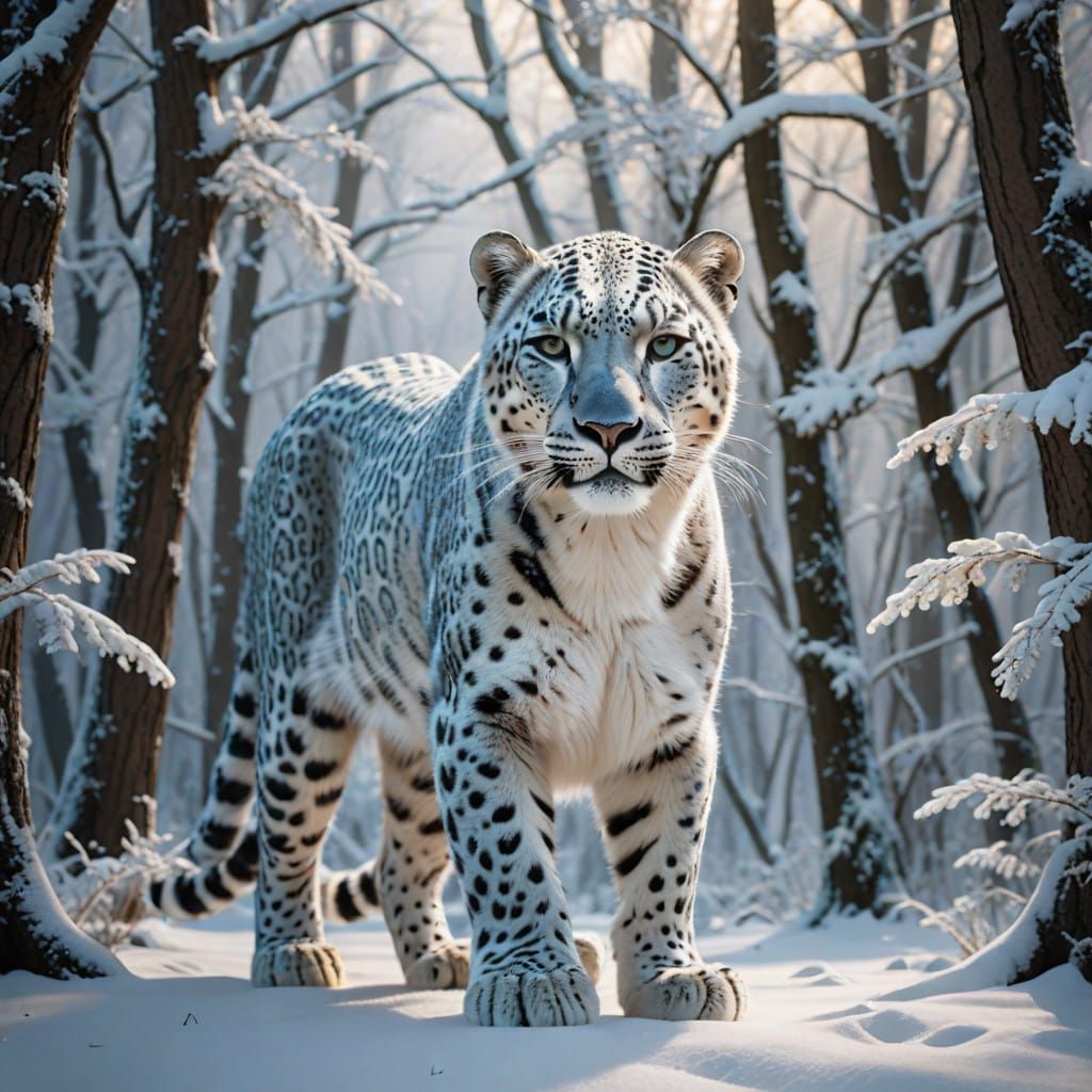 Regal White Leopard in Winter Wonderland