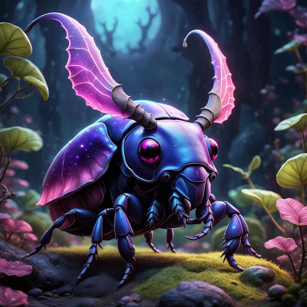 Bioluminescent Chibi Hercules Beetle, Detailed Digital Art