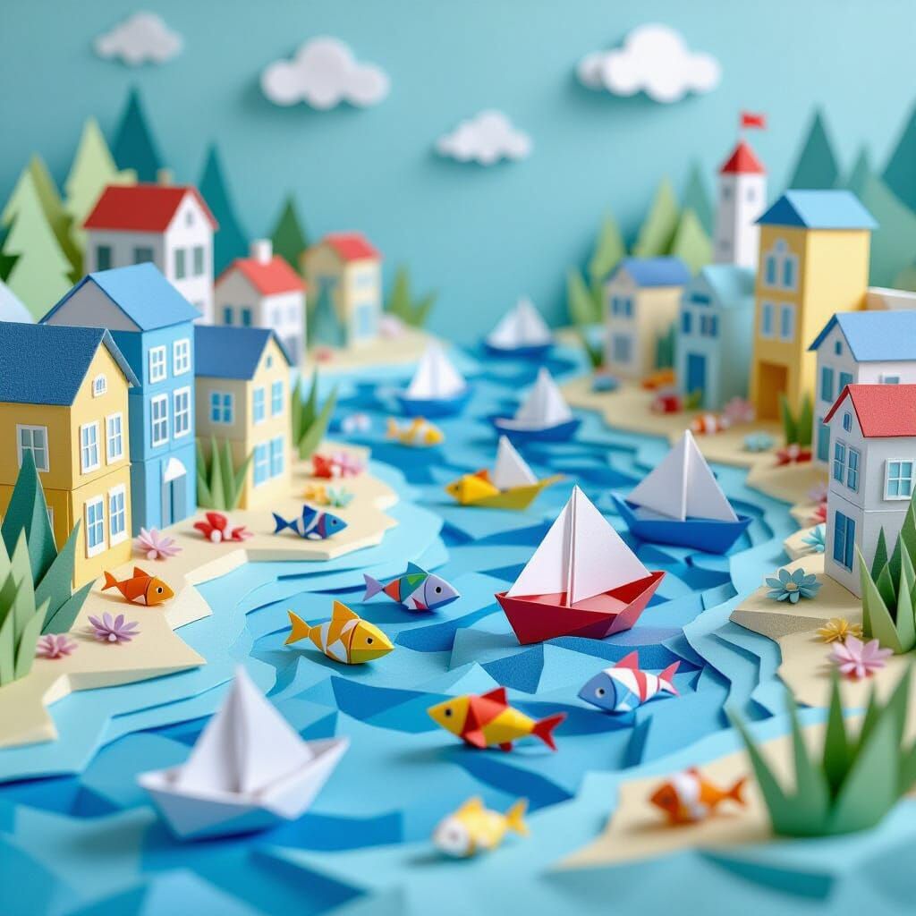 Origami Seaside Village with Paper Fish
