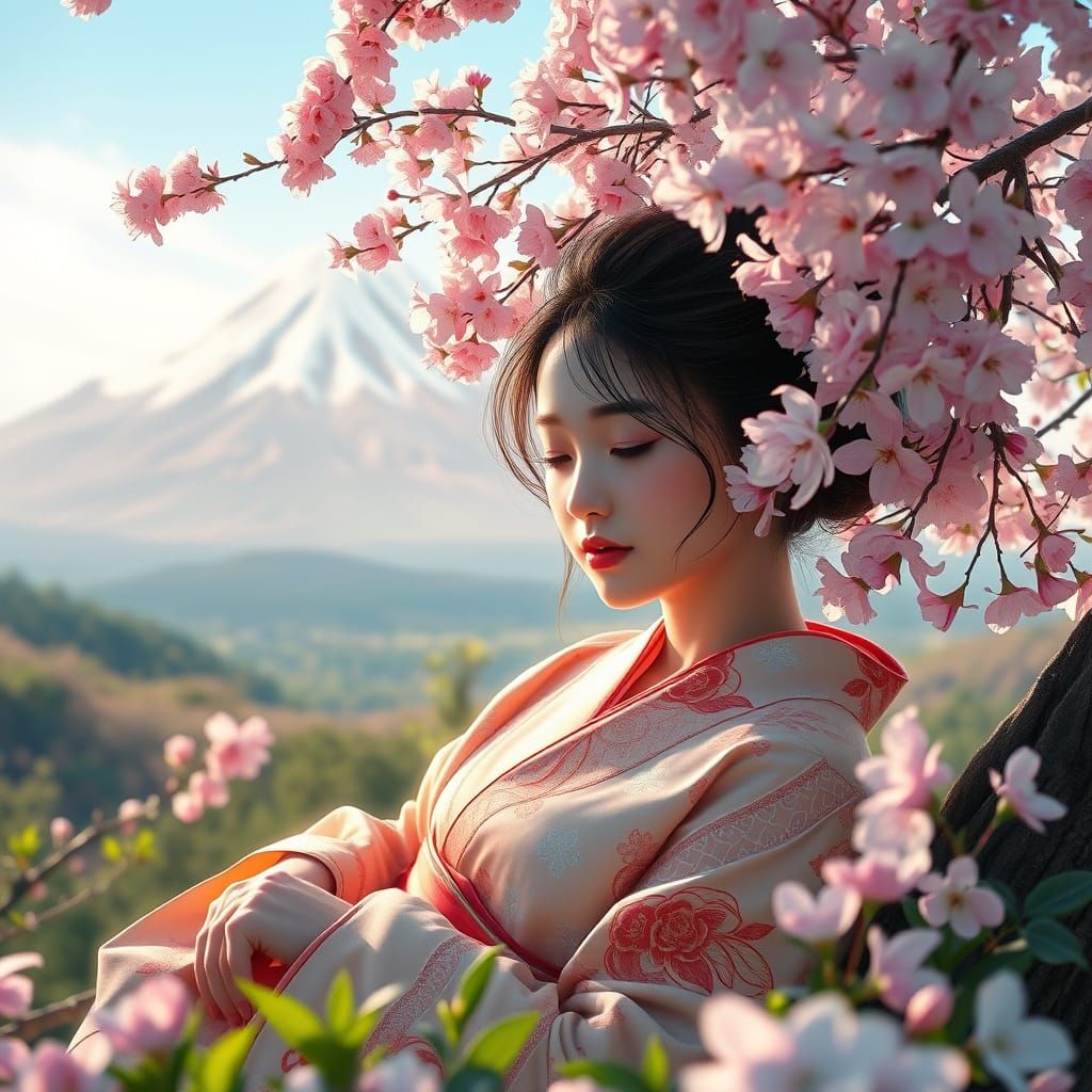 Asian Woman in Serene Cherry Blossom Haven