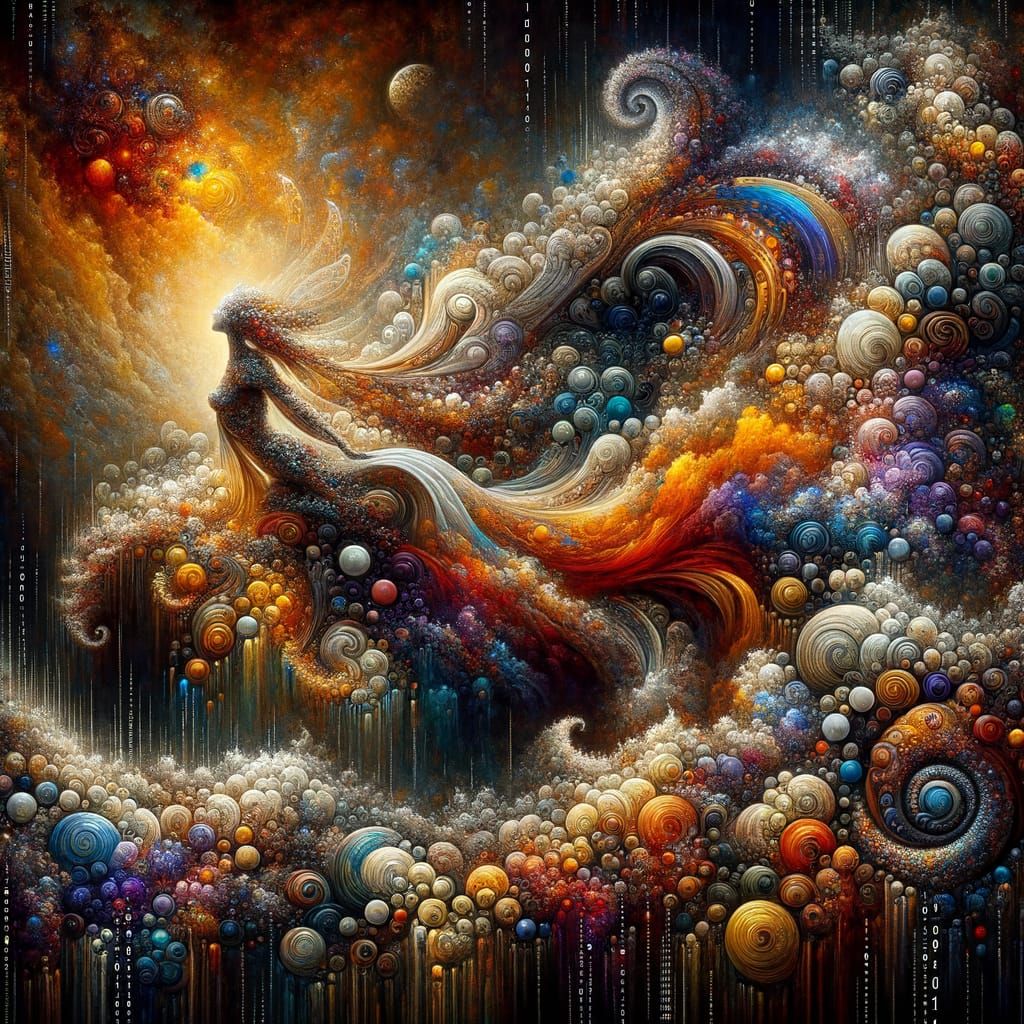 Surreal Cosmic Elegance with Fractal Binary Code in Oil