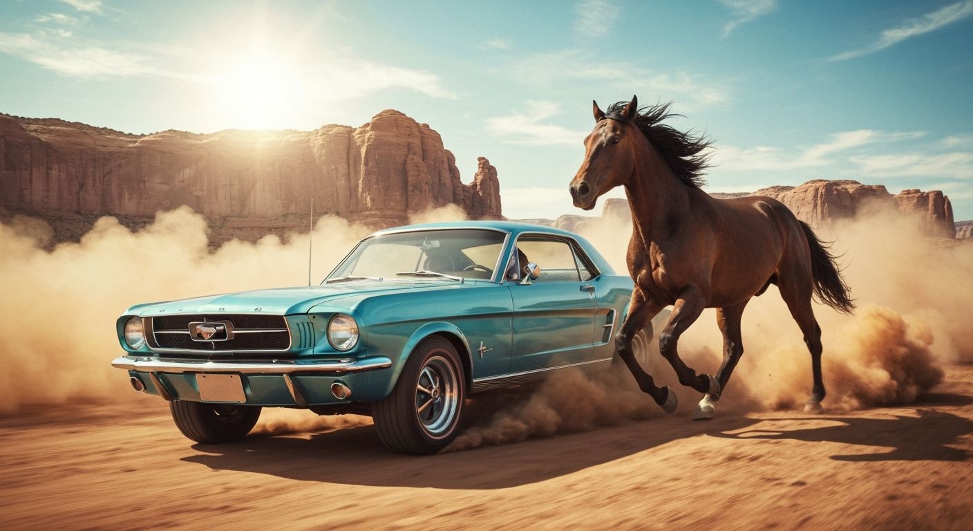 Classic Mustang Races Wild Horse in Desert