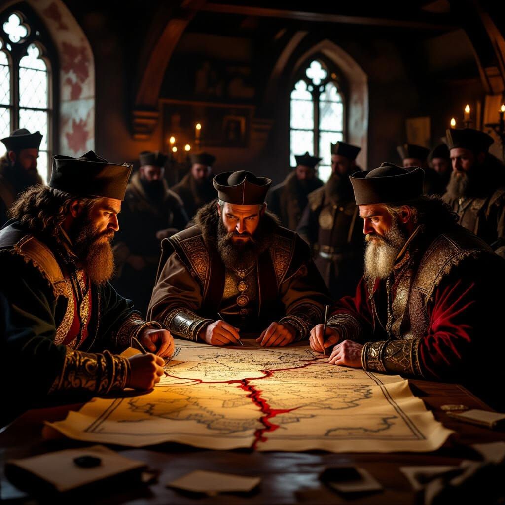 15th Century Kings Study Asian Maps in Candlelit War Room