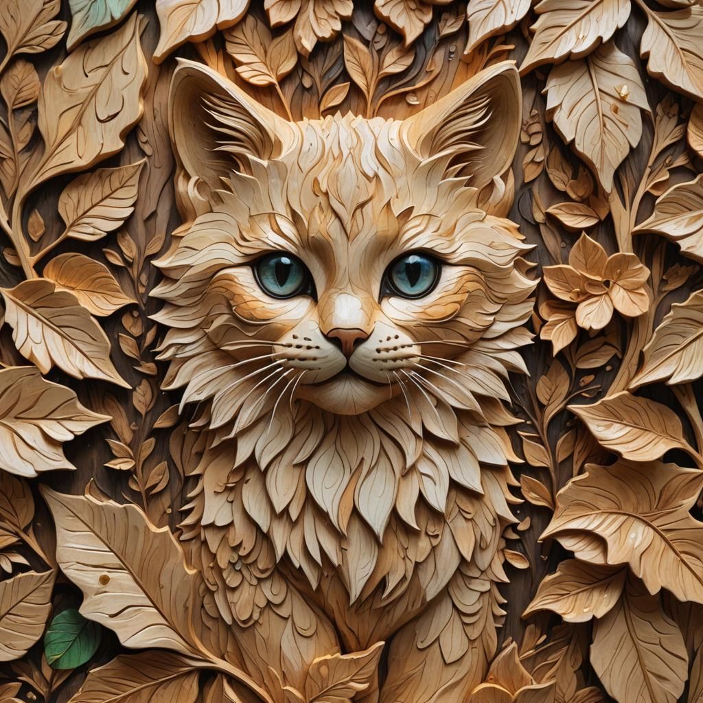 Kitten Wood Carving in Dawn Light, Oil Painting Style